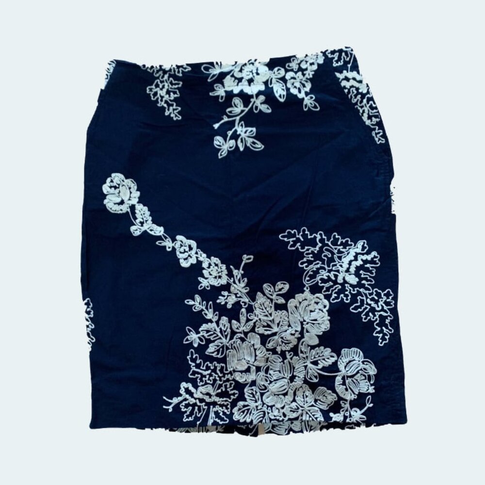 J. Crew Navy Pencil Skirt with White Floral Embroidery